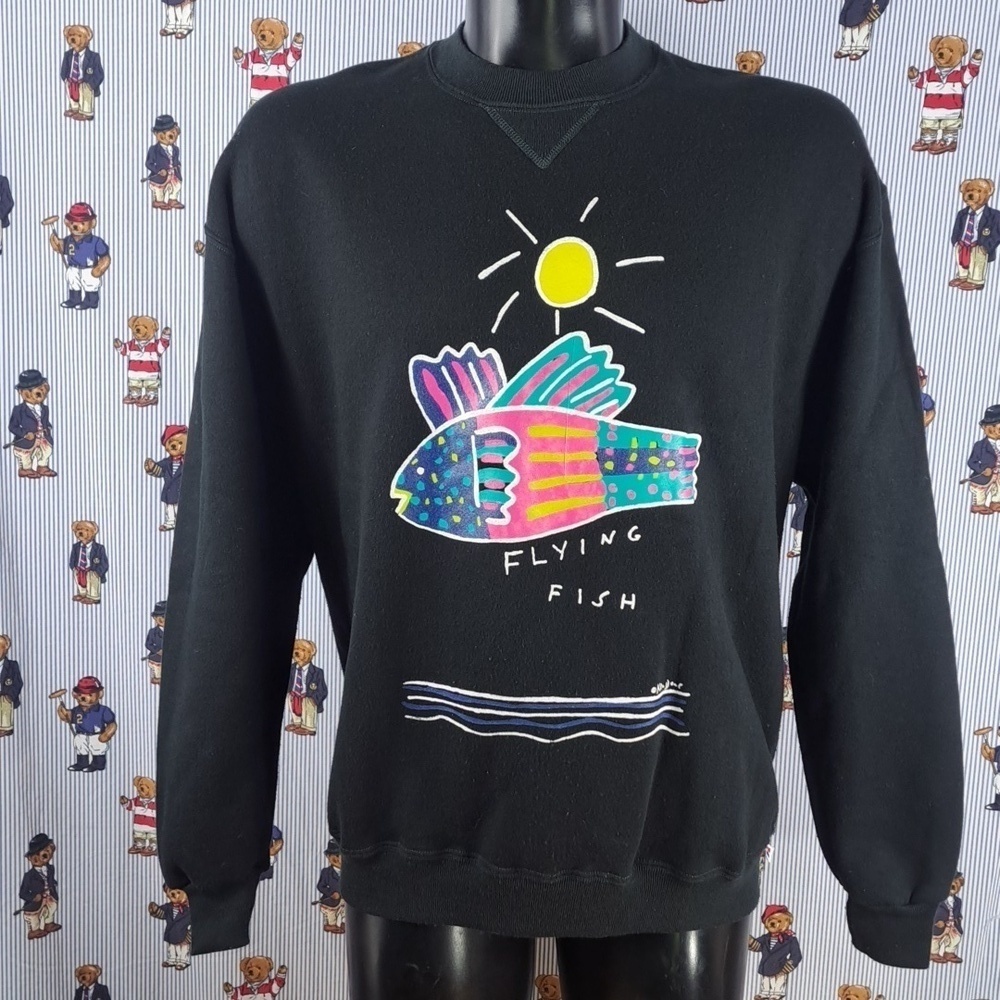 Vintage Ken Done Flying Fish Australian Art black & neon graphic XL sweatshirt